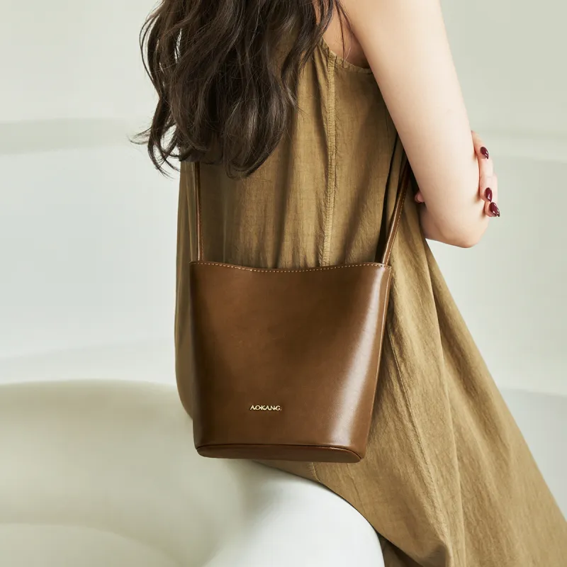 AOKANG Cow Leather Bucket Bag, Shoulder Bag, Crossbody Bag, Commuter Bag Regular Women's Mocha/Obsidian Black/Coffee-11