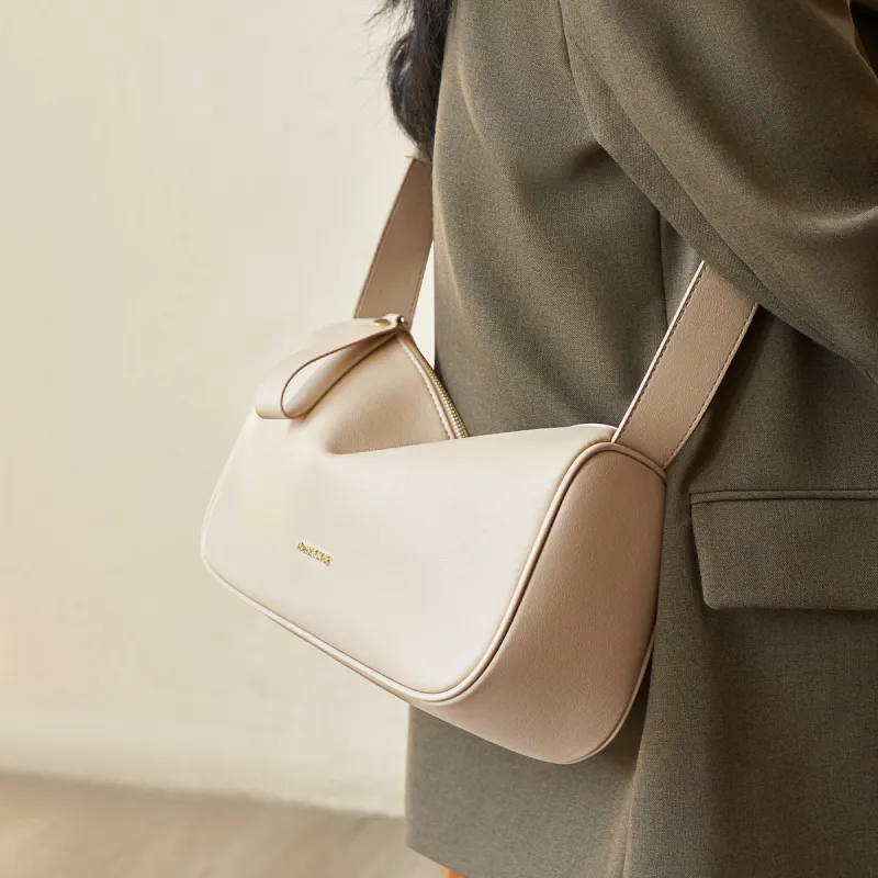 AOKANG Cow Leather With Synthetic Leather Shoulder Bag Women's Classic Black/Caramel Brown/Cream Apricot-11