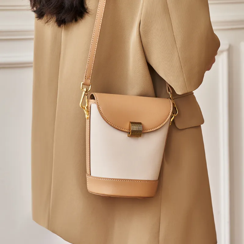 AOKANG Genuine Leather Bucket Bag, Shoulder Bag, Crossbody Bag Small Size Women's Coffee/Cream Apricot-10