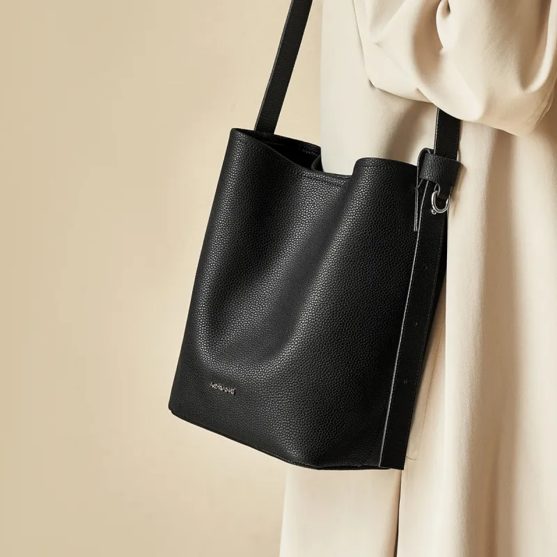 AOKANG Cow Leather Bucket Bag, Shoulder Bag Medium Size Women's Trench Gray/Cookie/Classic Black-10