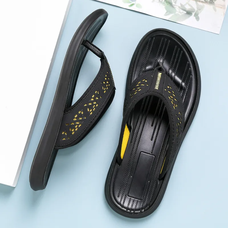 HD Abrasion Resistant Slip Resistant Quick Dry Flip Flops Men's Black Yellow-5