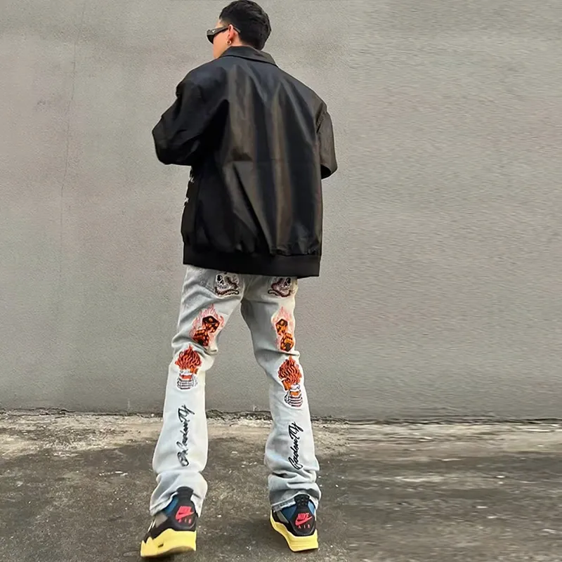 WELTER EXPERIMENT American Luxury Streetwear Hip Hop Style Distressed Funny Pattern Mid Rise Bootcut Jeans Unisex-8