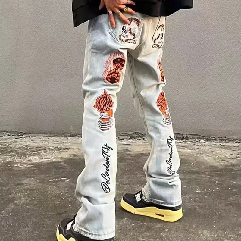 WELTER EXPERIMENT American Luxury Streetwear Hip Hop Style Distressed Funny Pattern Mid Rise Bootcut Jeans Unisex-9