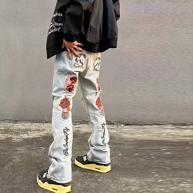 WELTER EXPERIMENT American Luxury Streetwear Hip Hop Style Distressed Funny Pattern Mid Rise Bootcut Jeans Unisex-10