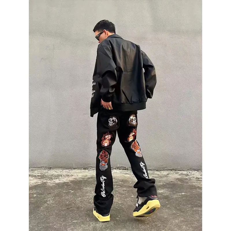 WELTER EXPERIMENT American Luxury Streetwear Hip Hop Style Distressed Funny Pattern Mid Rise Bootcut Jeans Unisex-2