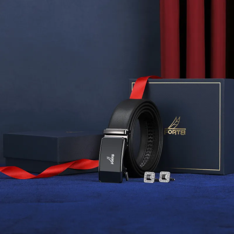 FORTEI Cow Leather Belts Men's Bright Black 3.5CM Gift Box Set-6