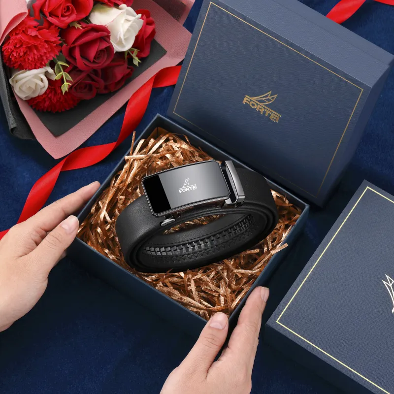 FORTEI Cow Leather Belts Men's Bright Black 3.5CM Gift Box Set-2