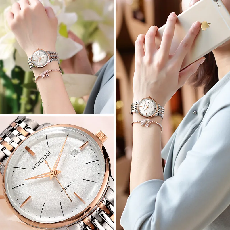 ROCOS Wind Style Collection Automatic Mechanical Movement Steel Strap Watch Women's Watch White Dial-4