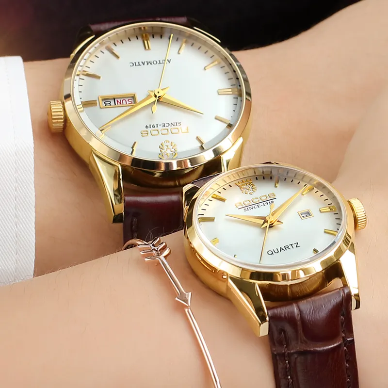ROCOS Collection Mechanical Movement Cowhide Strap Watch Unisex White Dial-5