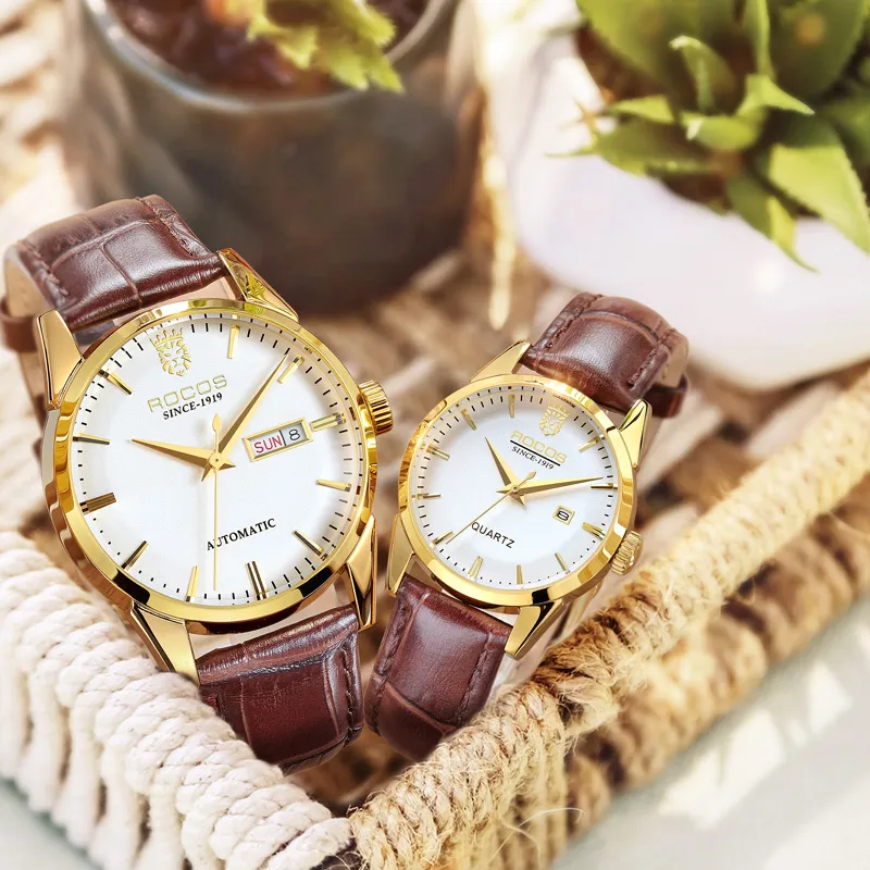 ROCOS Collection Mechanical Movement Cowhide Strap Watch Unisex White Dial-2