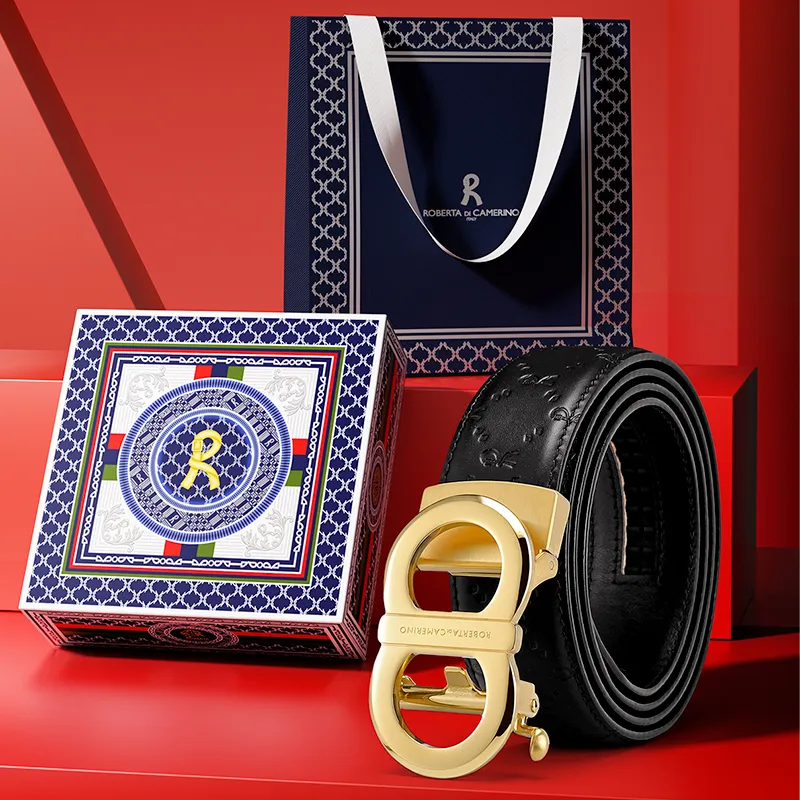 ROBERTA DI CAMERINO Top Grain Cow Leather Belts Men's Gold 3.45CM Writing A Greeting Card And Printing Photos-1