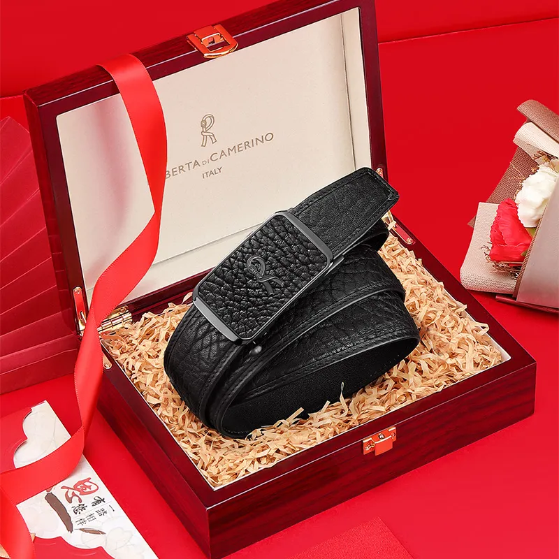 ROBERTA DI CAMERINO Bison Leather Belts Men's Black 3.45CM Writing A Greeting Card And Printing Photos-1