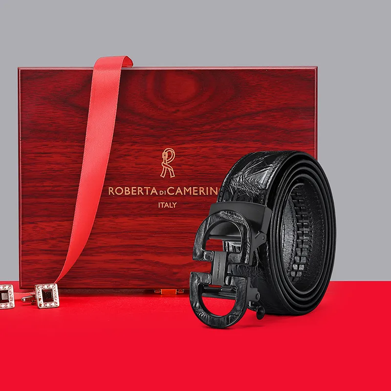 ROBERTA DI CAMERINO Crocodile Leather Belts Men's Black 3.45CM Writing A Greeting Card And Printing Photos-5