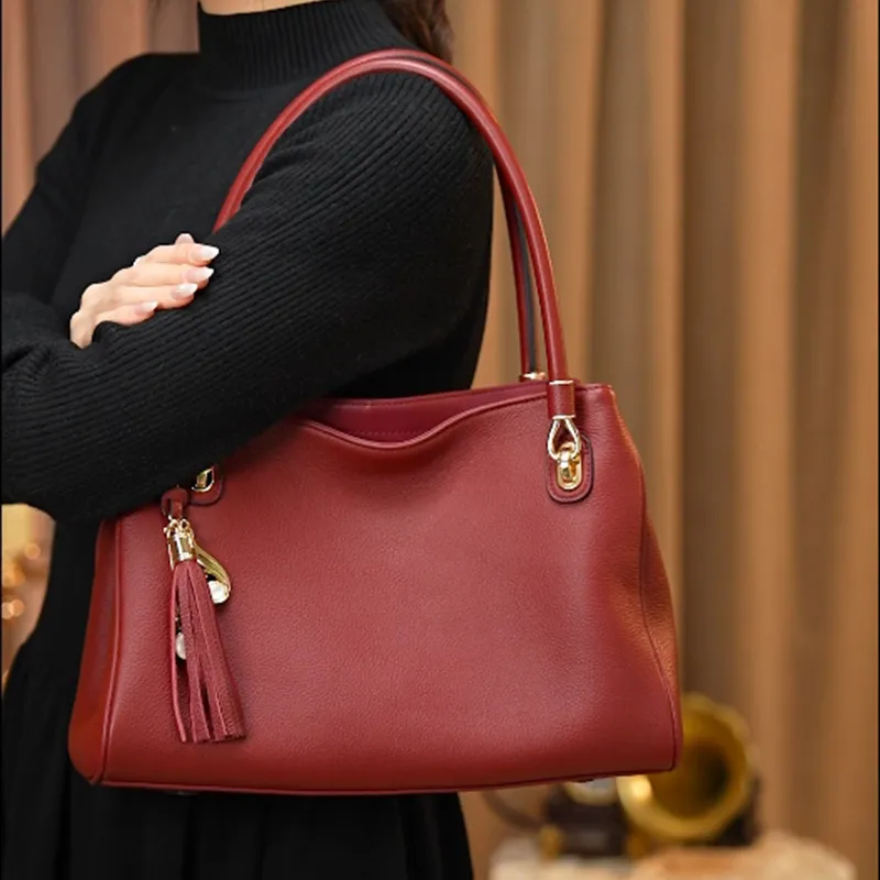 PIERRE CARDIN Cow Leather One Shoulder Handbag Tote Women's Maroon/Black-6
