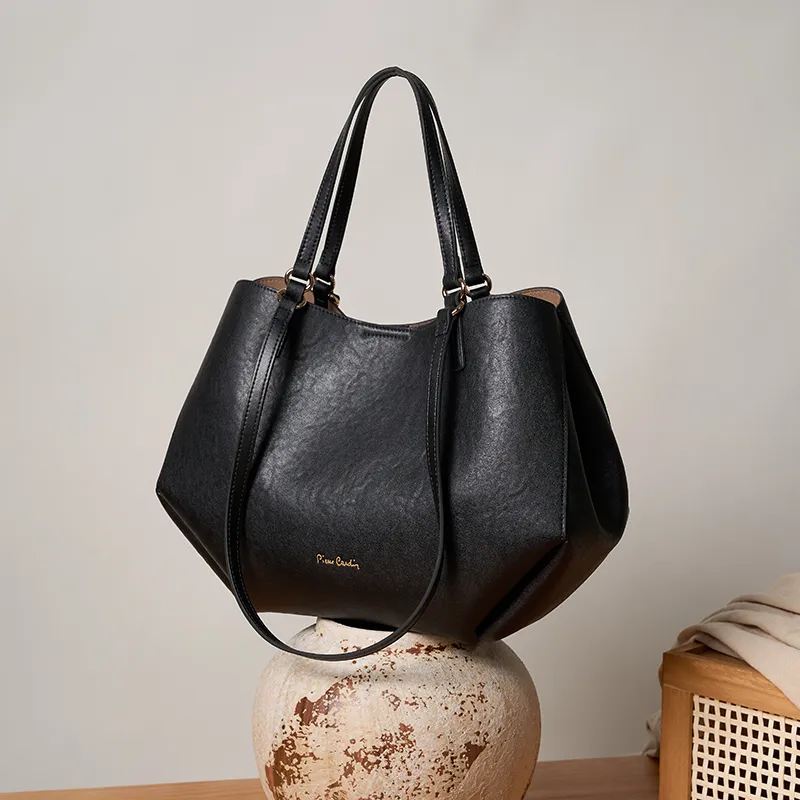 PIERRE CARDIN Split Cow Leather Tote Handbag, Shoulder Bag Regular Women's Black-5