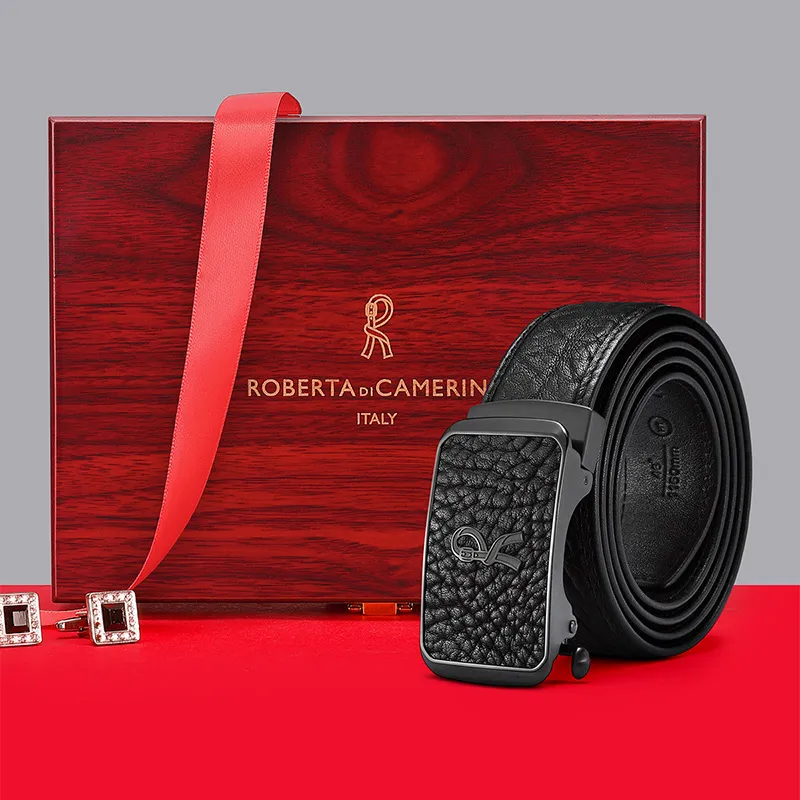 ROBERTA DI CAMERINO Bison Leather Belts Men's Black 3.45CM Writing A Greeting Card And Printing Photos-2