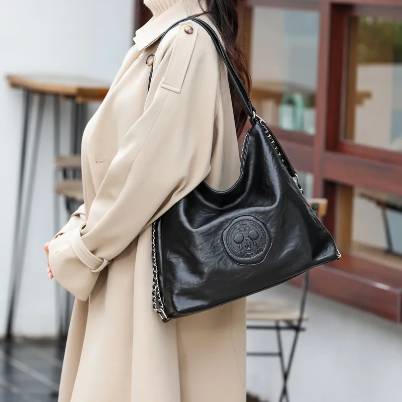 Disney Mickey Series Soft PU Leather Tote Bag, Shopping Bag, Handbag, Shoulder Bag Tubas Women's Black-5