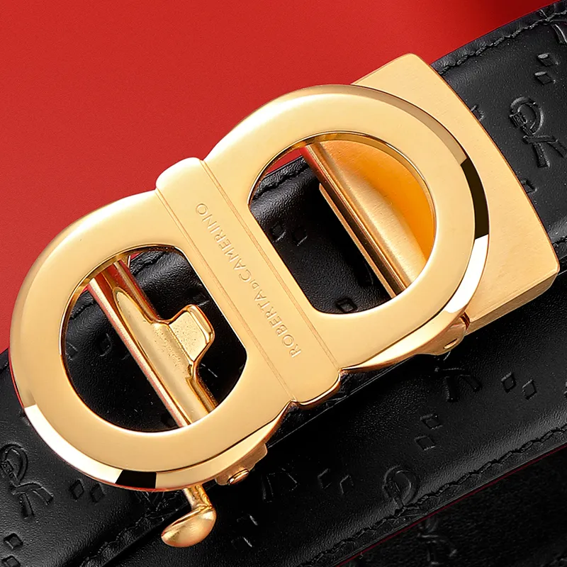 ROBERTA DI CAMERINO Top Grain Cow Leather Belts Men's Gold 3.45CM Writing A Greeting Card And Printing Photos-3