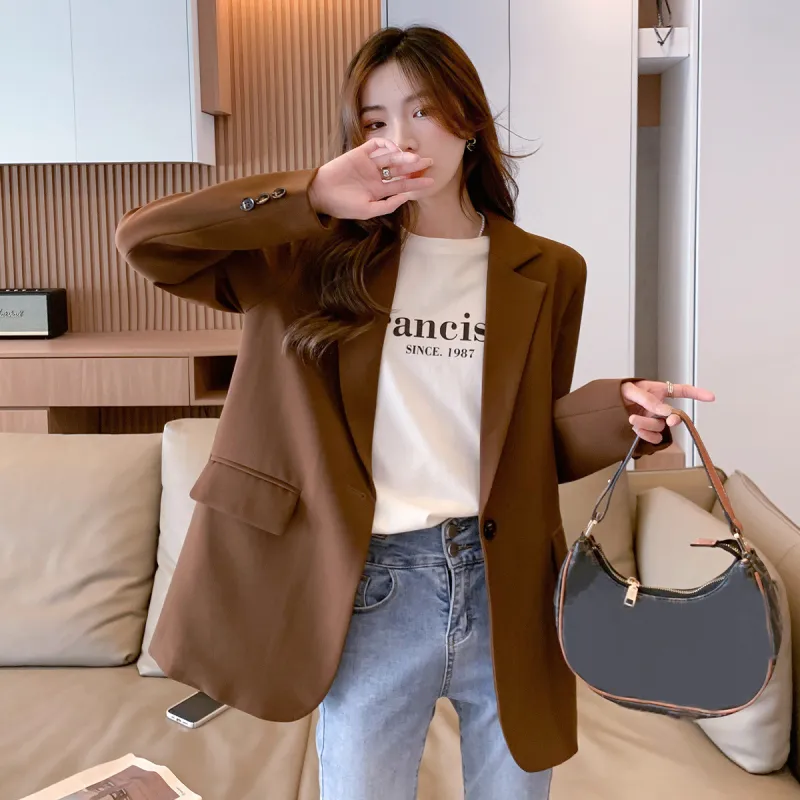 JEANSWEST Business Commute Premium Cardigan Satin Solid Color Versatile Long Sleeved One Button Spring Fall Women's-5