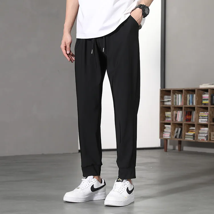 Jean West Thin Breathable High Rebound Straight Fit Running Fitness Ankle Length Pants Ice Silk Summer Men's Black-2