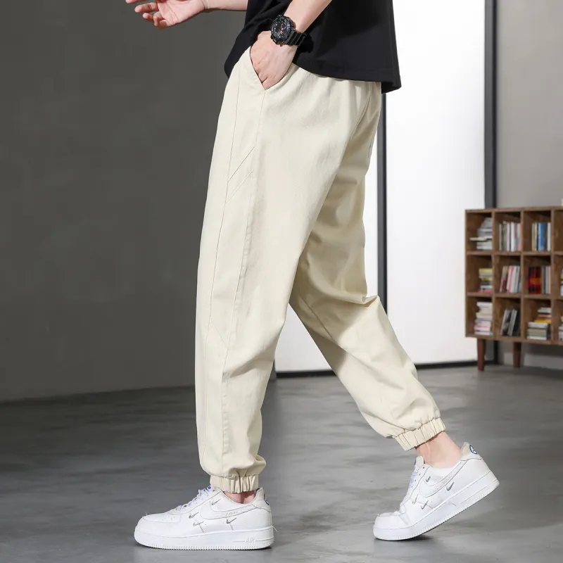 JEANSWEST Thin Solid Color High Rise 100% Cotton Ankle Length Pants 100 Styles Cuffed Pants Summer Men's Black-16