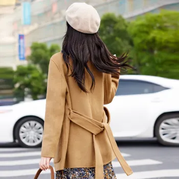 JEANSWEST Fashion Minimalist Style Solid Color Lace Up Mid Length Long Sleeved Woolen Winter Women's Khaki