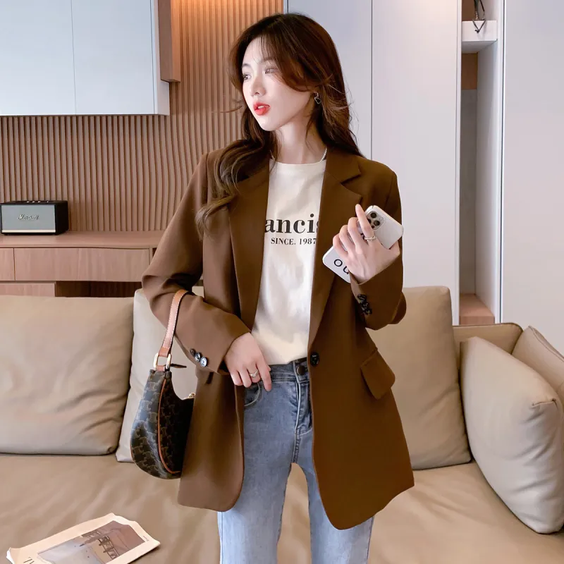JEANSWEST Business Commute Premium Cardigan Satin Solid Color Versatile Long Sleeved One Button Spring Fall Women's-7