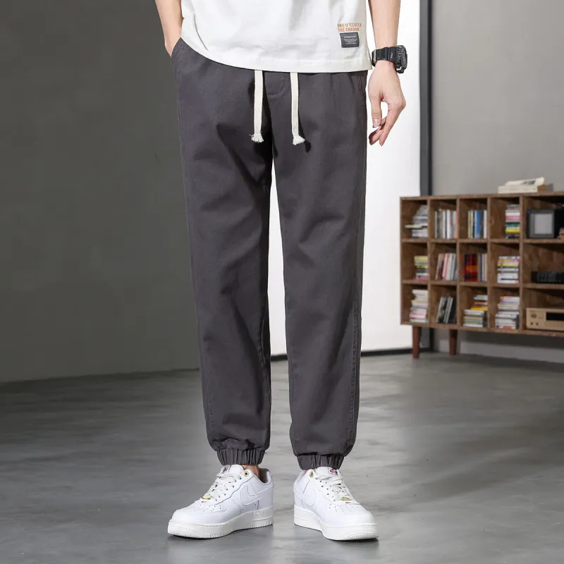 JEANSWEST Thin Solid Color High Rise 100% Cotton Ankle Length Pants 100 Styles Cuffed Pants Summer Men's Black-9