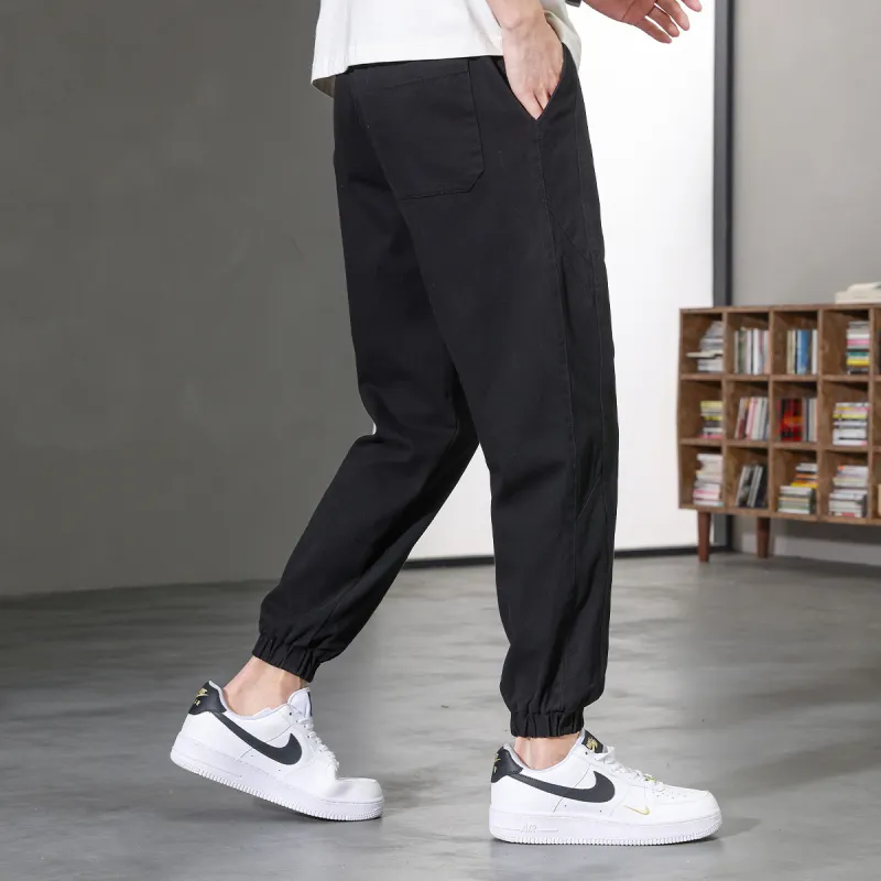 JEANSWEST Thin Solid Color High Rise 100% Cotton Ankle Length Pants 100 Styles Cuffed Pants Summer Men's Black-5