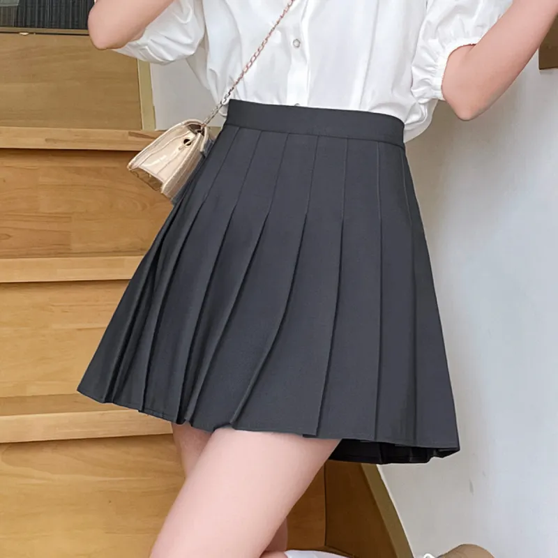JEANSWEST High Rise Solid Color Pleated Skirt Fairy Dress Fashion JK Elegance Skirt Summer Women's Gray-2