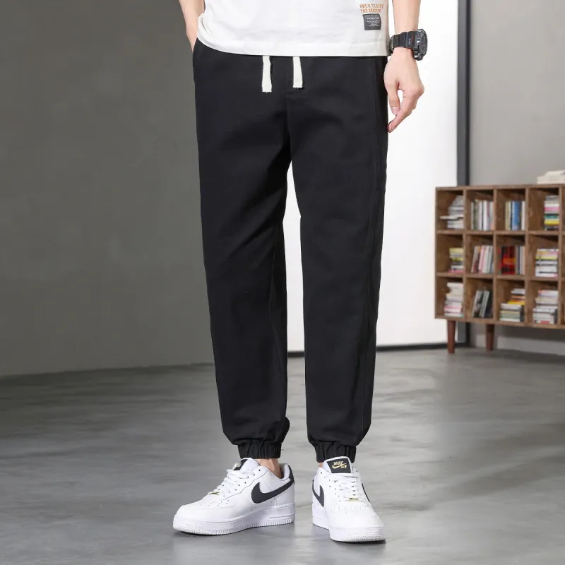 JEANSWEST Thin Solid Color High Rise 100% Cotton Ankle Length Pants 100 Styles Cuffed Pants Summer Men's Black-2