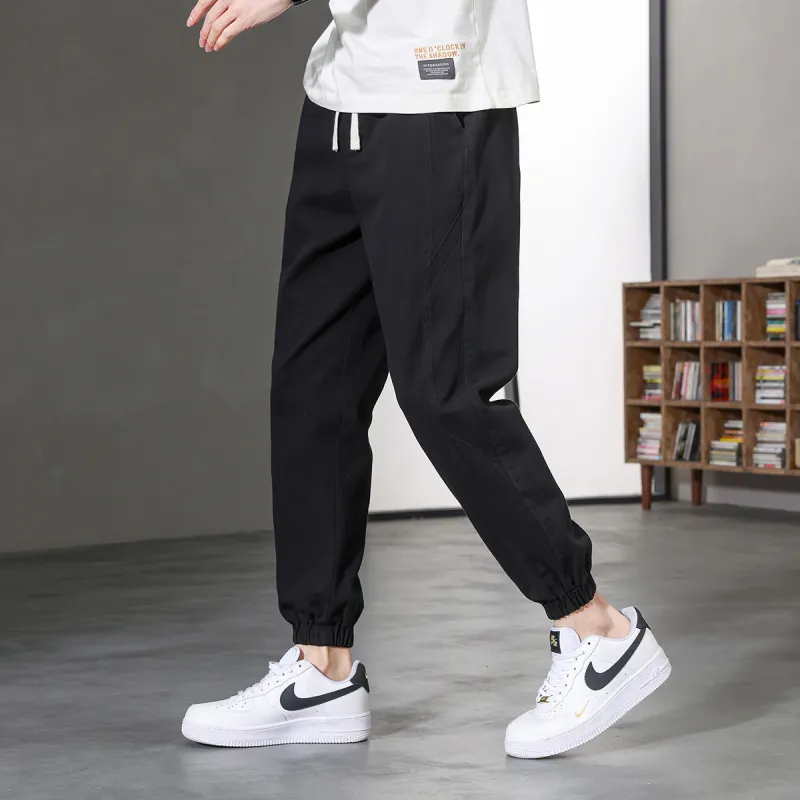 JEANSWEST Thin Solid Color High Rise 100% Cotton Ankle Length Pants 100 Styles Cuffed Pants Summer Men's Black-3