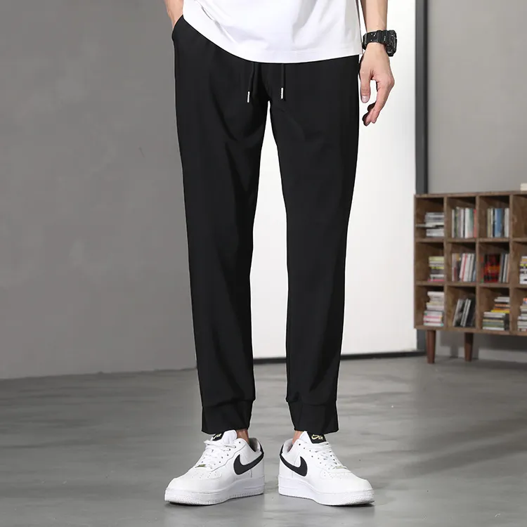 Jean West Thin Breathable High Rebound Straight Fit Running Fitness Ankle Length Pants Ice Silk Summer Men's Black-4