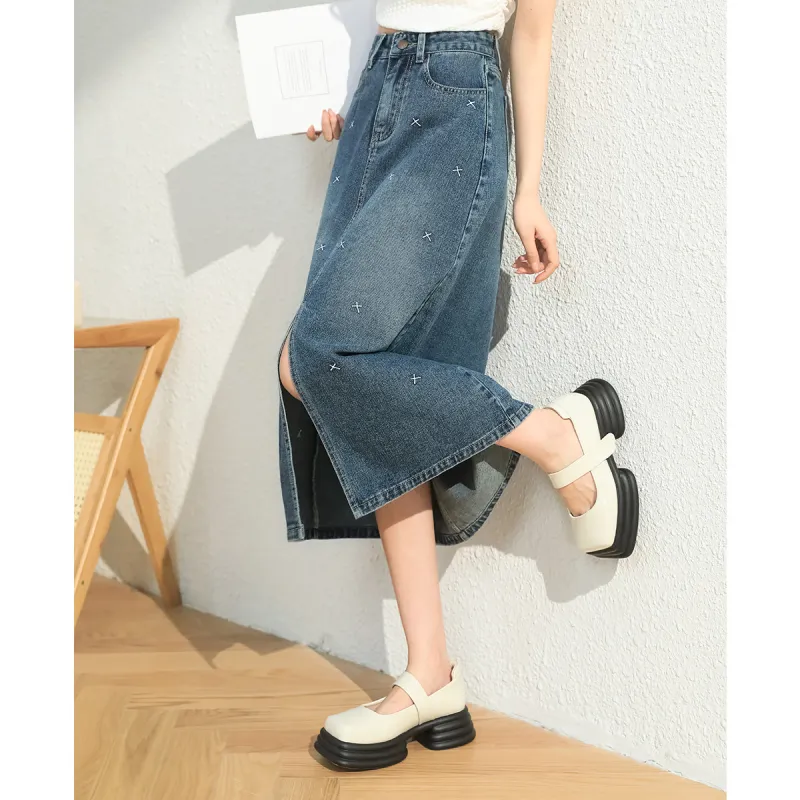 JEANSWEST American Luxury Streetwear Fashion Embroidery Design Split Flair Vintage Casual Versatile Summer Women's Blue-5