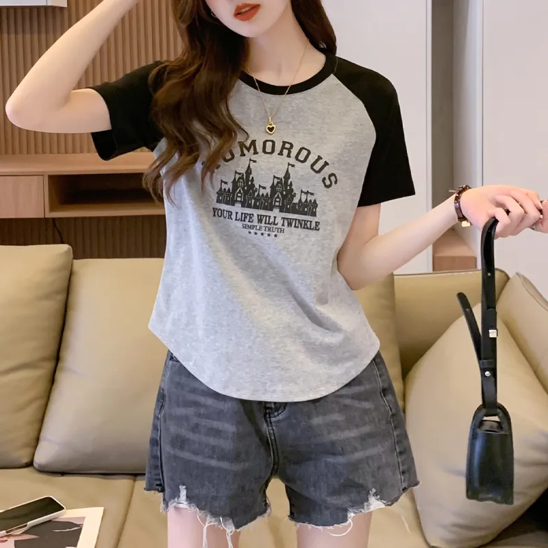 JEANSWEST T Shirt Set in Sleeve Summer Women's Medium Gray-3