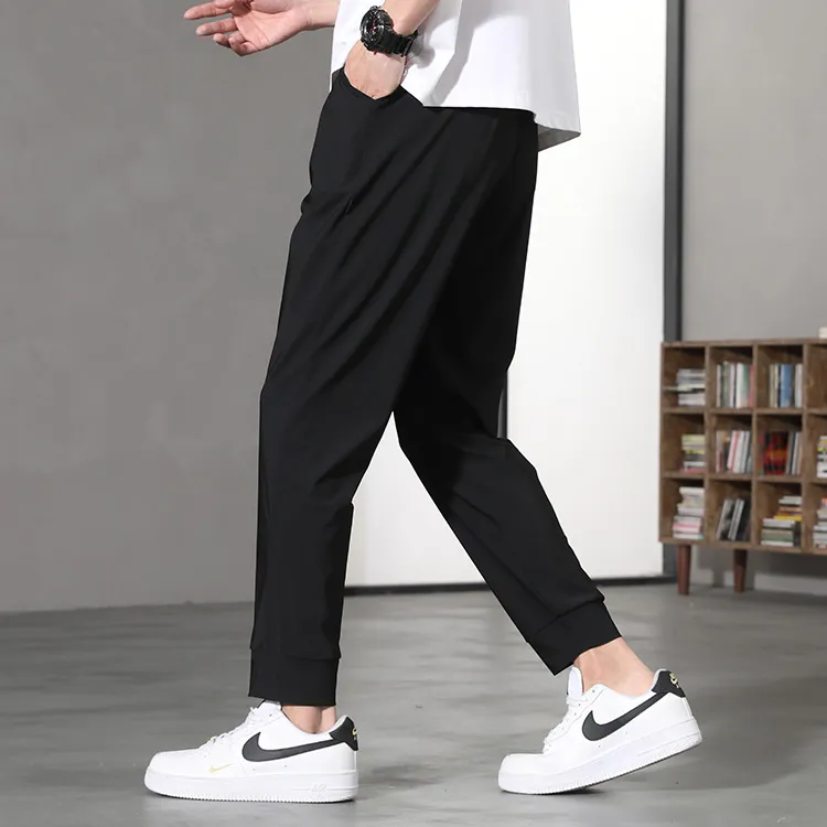 Jean West Thin Breathable High Rebound Straight Fit Running Fitness Ankle Length Pants Ice Silk Summer Men's Black-3