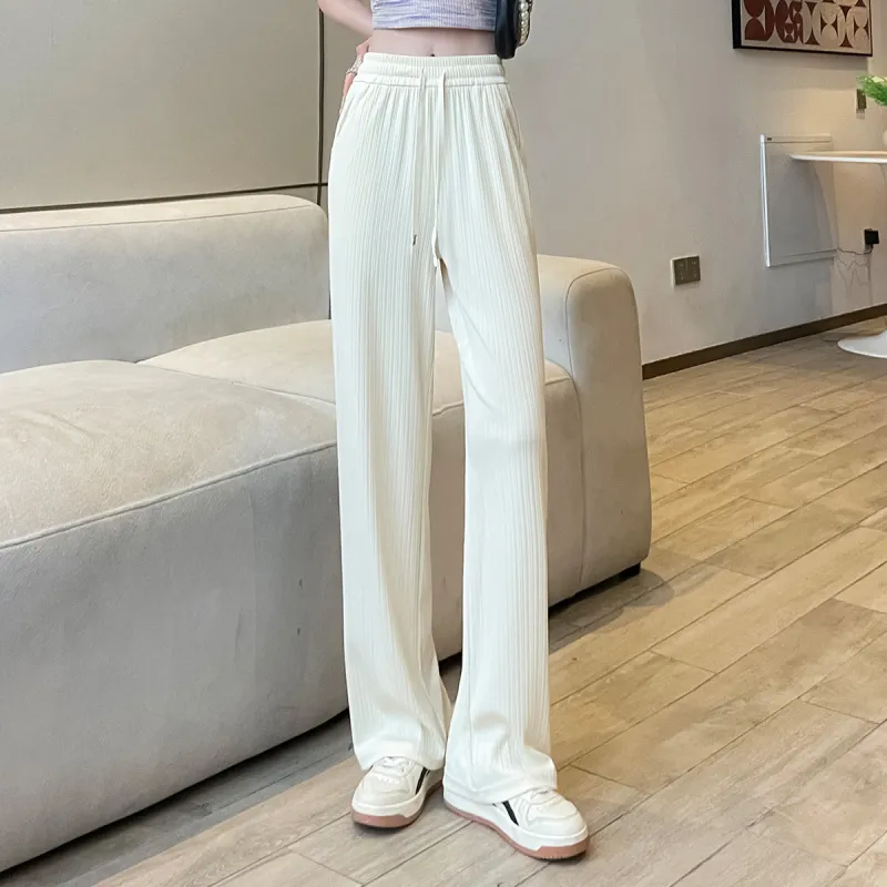 JEANSWEST Fashion Versatile Thin Micro Stretch Comfortable High Waist Wide Leg Draped Ice Silk Summer Women's-2