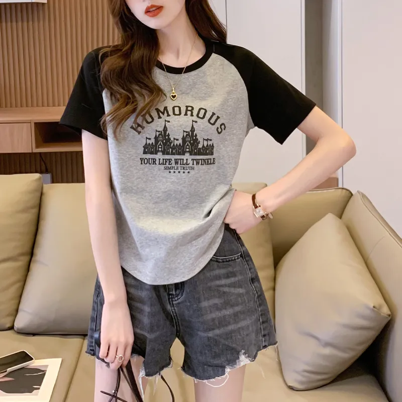 JEANSWEST T Shirt Set in Sleeve Summer Women's Medium Gray-4