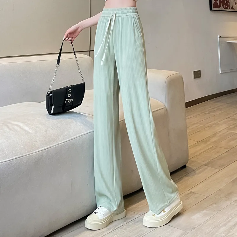 JEANSWEST Fashion Versatile Thin Micro Stretch Comfortable High Waist Wide Leg Draped Ice Silk Summer Women's-15