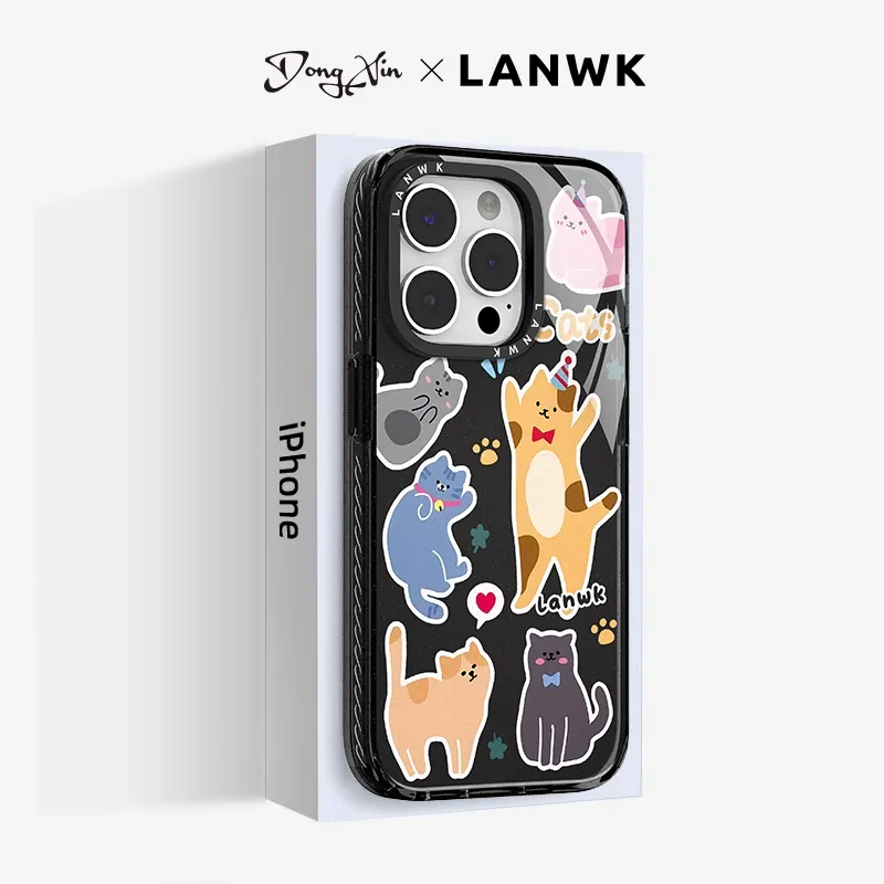 LANWK Glass Material Kitten Party Phone Case Compatible With Apple IPhone 14/15/16/Pro/Pro Max-1