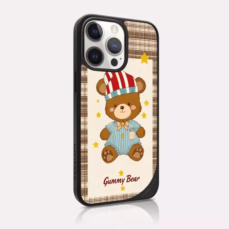 LANWK Glass Material Sleepy Bear Impact Resistant Magnetic Phone Case Compatible With Apple IPhone 14/15/16/Pro/Pro Max-1