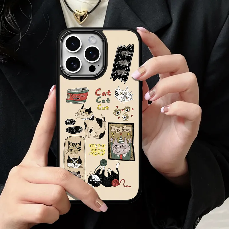 LANWK Glass Material Happy Cat Impact Resistant Magnetic Phone Case Compatible With Apple IPhone 14/15/16/Pro/Pro Max-7
