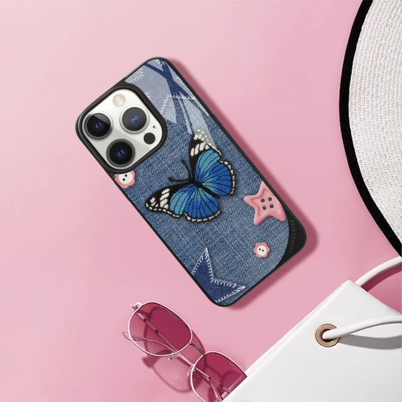 LANWK Glass Material Denim Butterfly Phone Case Compatible With Apple IPhone 14/15/16/Pro/Pro Max Case With Magnetic-1