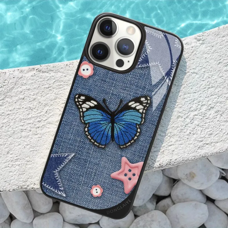 LANWK Glass Material Denim Butterfly Phone Case Compatible With Apple IPhone 14/15/16/Pro/Pro Max Case With Magnetic-4