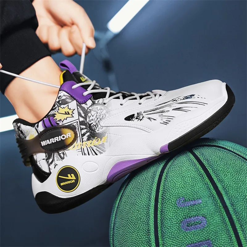 Warrior Cushioning Anti-Slip Wear-Resistant Height Increasing Warm High-Top Basketball Shoes Men's White Blue-19