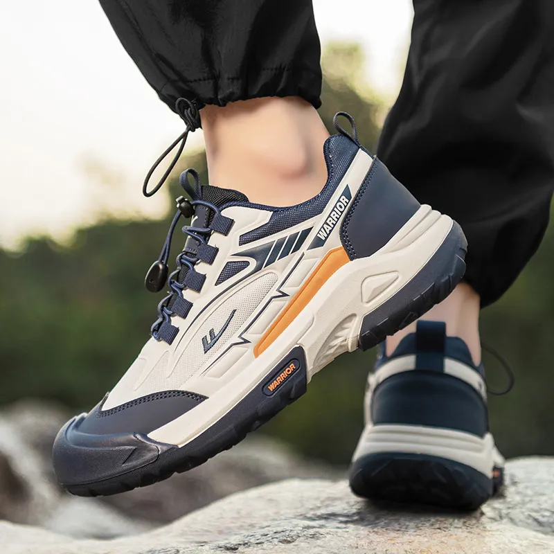 Warrior Cushioning Lightweight Rebound Low Top Hiking Shoes Men's Beige Dark Blue Orange-6