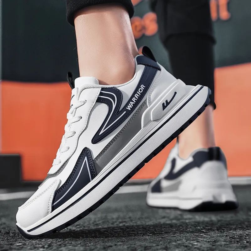 Warrior Cushioning, Slip Resistant, Abrasion Resistant, Height Increasing Low Top Chunky Sneakers Men's White Blue-3