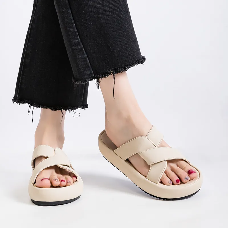 Warrior Stitching Slip Resistant Abrasion Resistant Slide Slippers Women's Beige-3