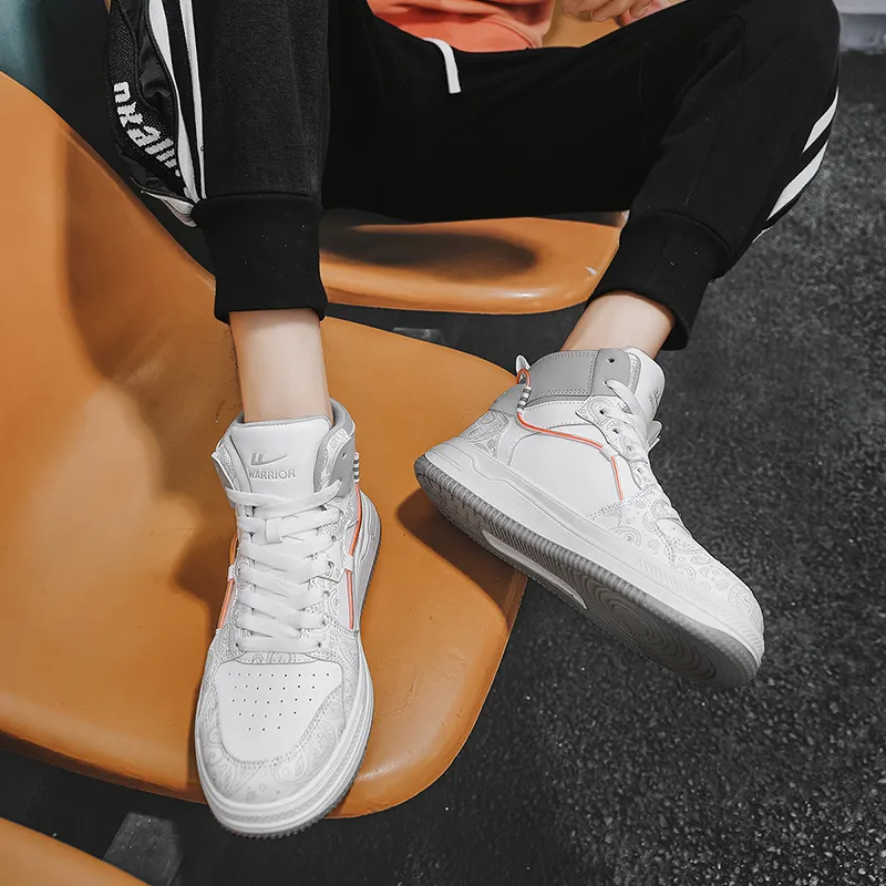 Warrior Slip Resistant Abrasion Resistant Shock Absorbers High Top Skateboard Shoes Men's White Gray-5