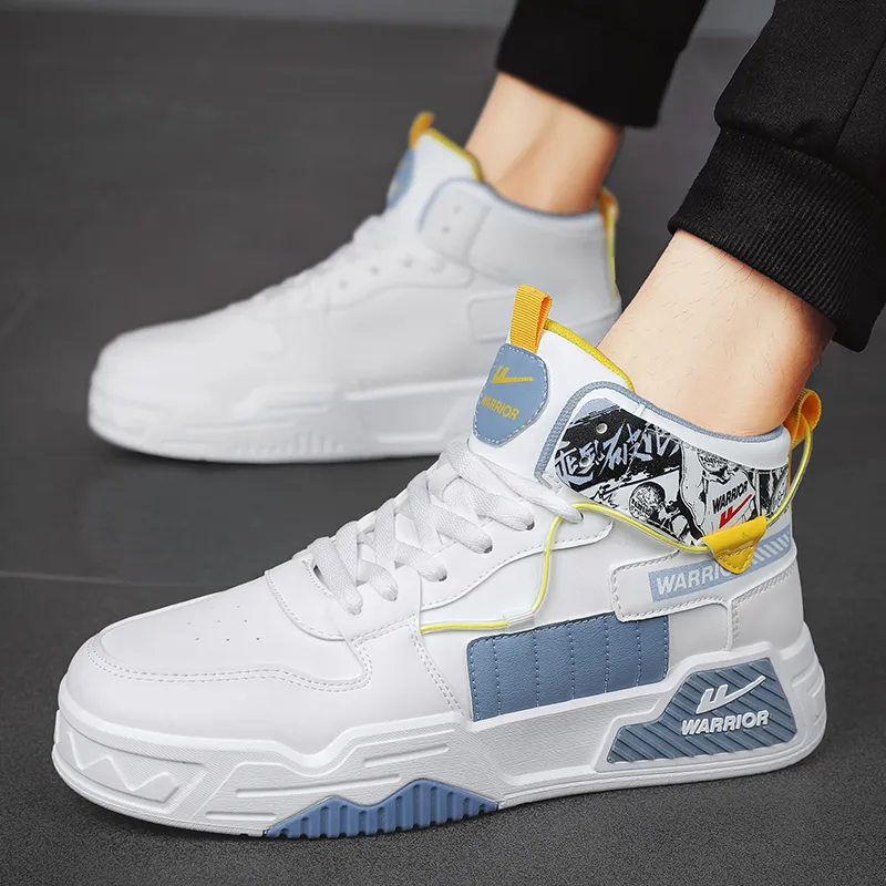 Warrior Cushioning Abrasion Resistant Lightweight Height Increasing Mat High Top Skateboard Shoes Men's White Blue Gray-10